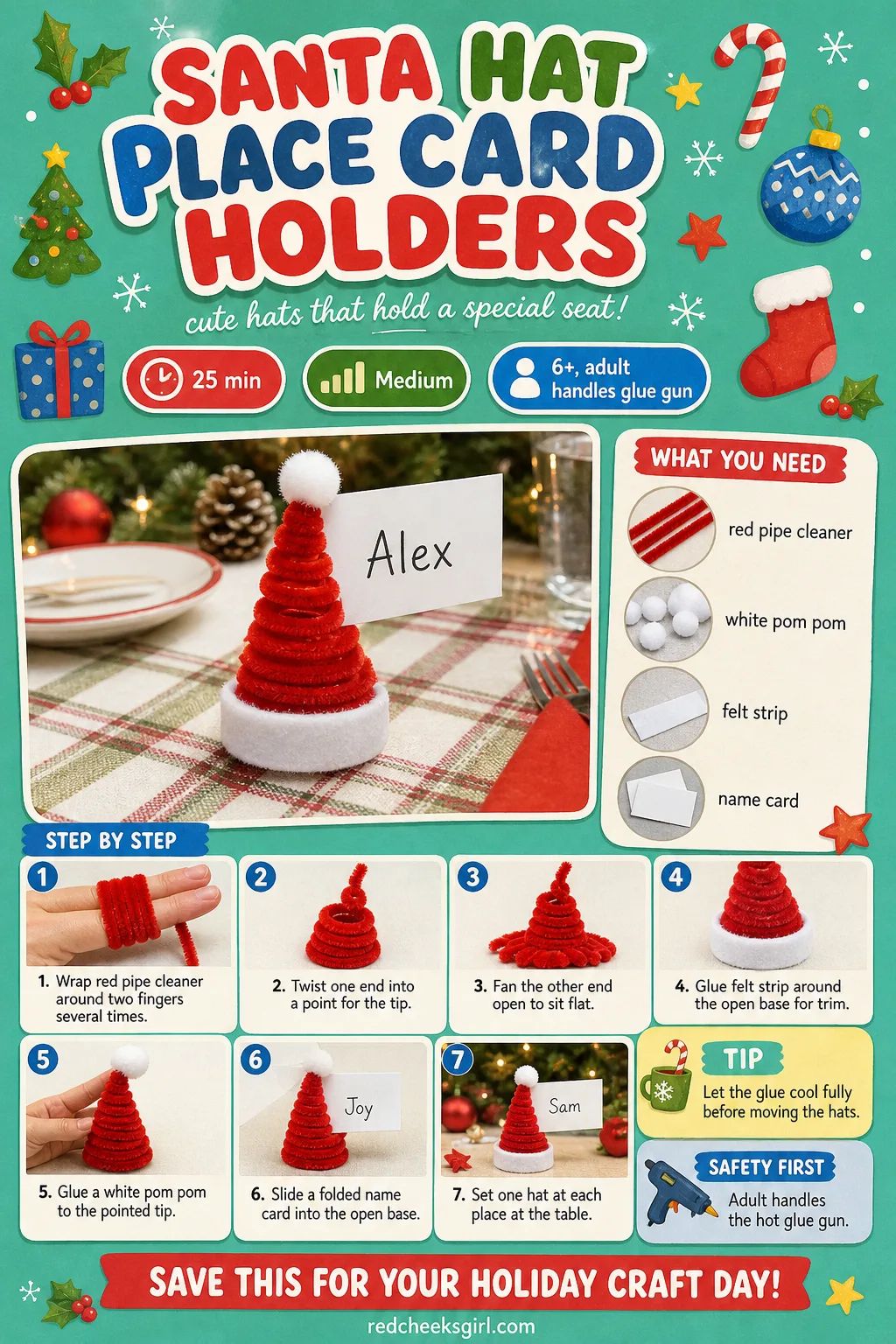 Santa Hat Place Card Holder Craft Card printable sheet — Table setting card with glue cooling time included. Pipe cleaner christmas crafts