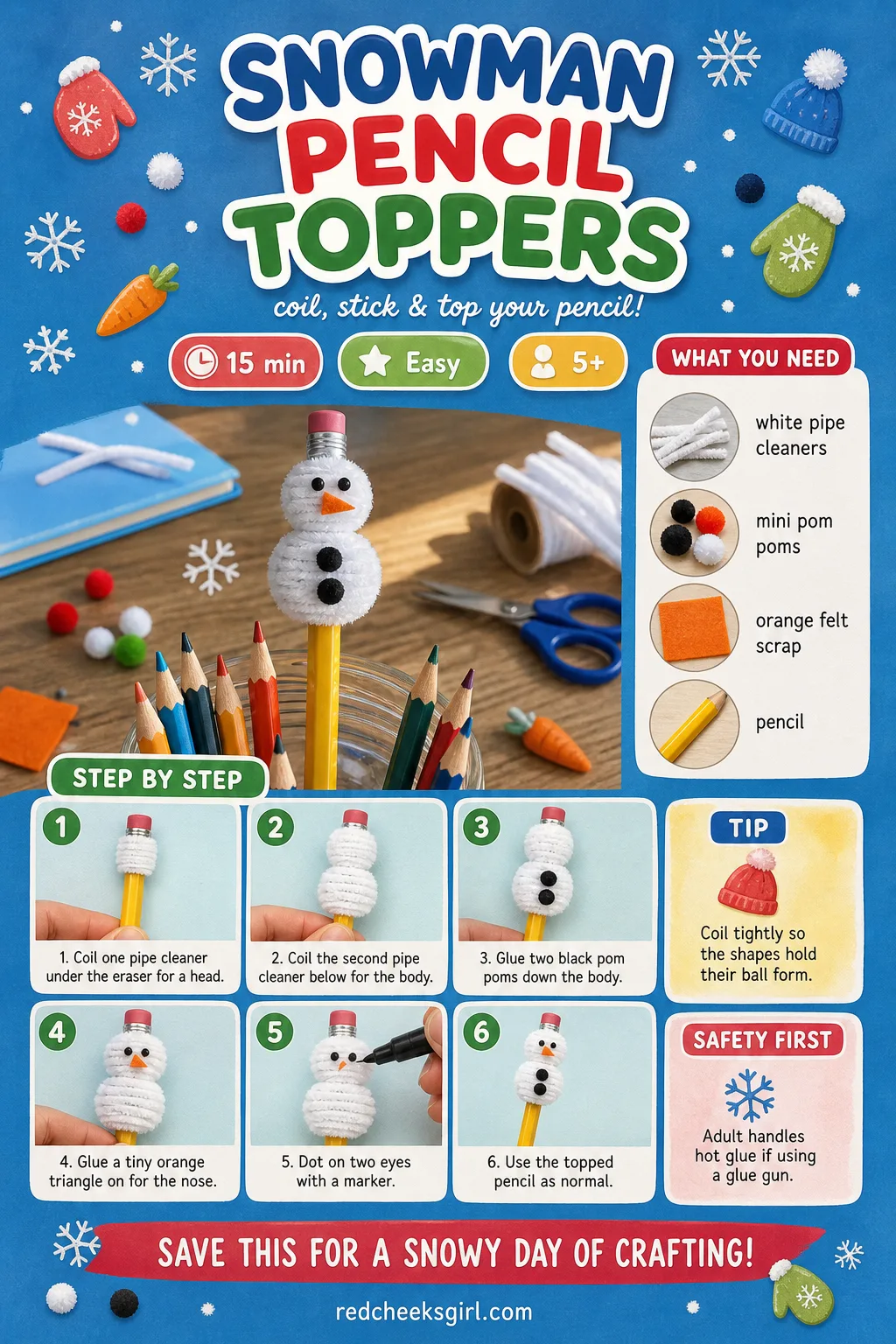Snowman Pencil Topper Craft Card printable sheet — Card for the pencil topper snowman, easy for a school break project. Pipe cleaner christmas crafts