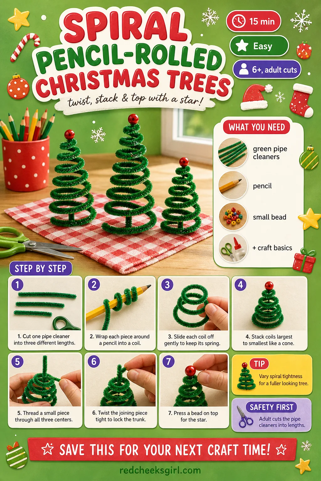 Spiral Pencil-Rolled Christmas Tree Craft Card printable sheet — Card for the stacked spiral tree, good for a tabletop display. Pipe cleaner christmas crafts