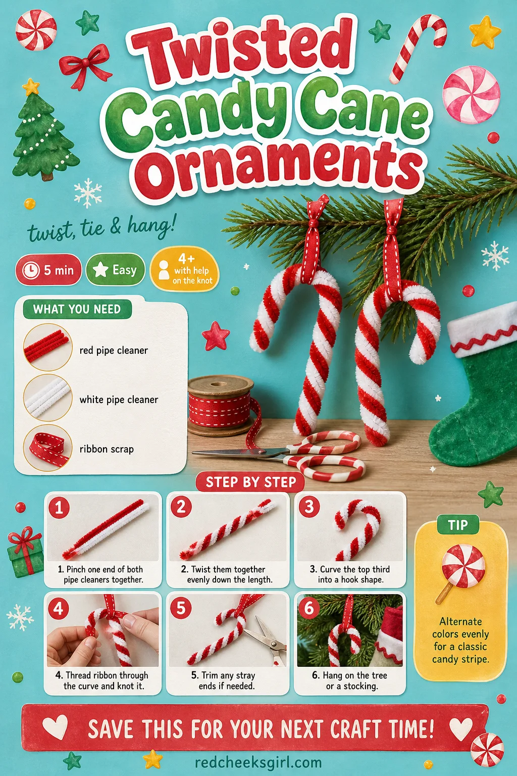 Twisted Candy Cane Ornament Craft Card printable sheet — A one-page card for the simplest craft on the list, ready before the hot cocoa cools. Pipe cleaner