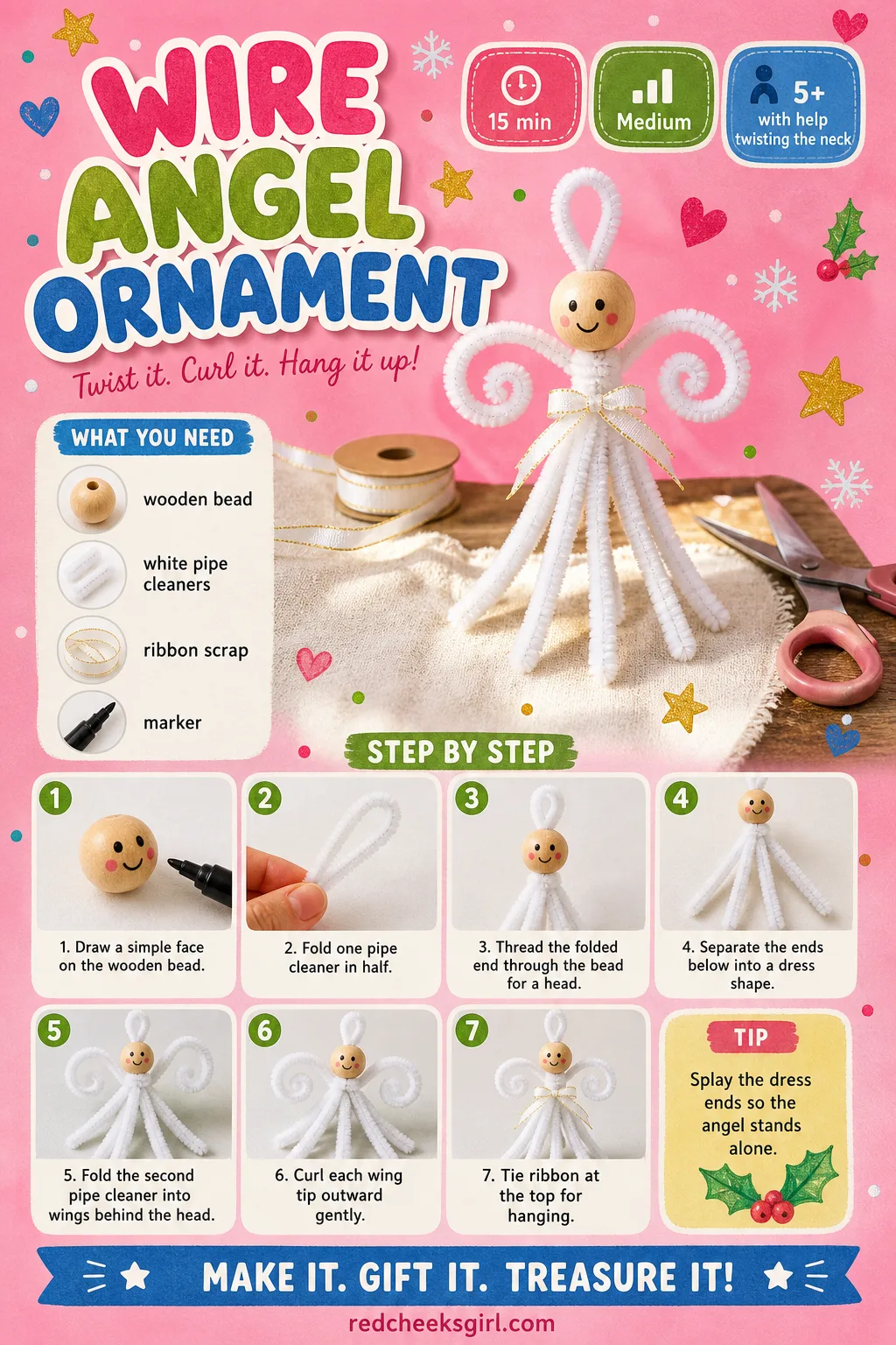 Wire Angel Ornament Craft Card printable sheet — Card for the wooden bead angel with wings and a halo loop. Pipe cleaner christmas crafts