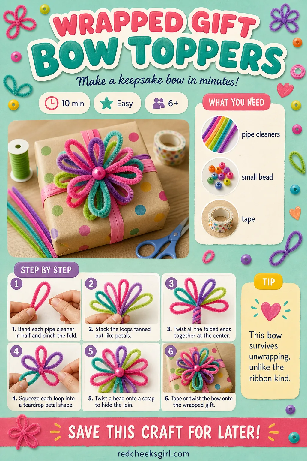 Wrapped Gift Bow Topper Craft Card printable sheet — Gift wrap card for the reusable pipe cleaner bow. Pipe cleaner christmas crafts