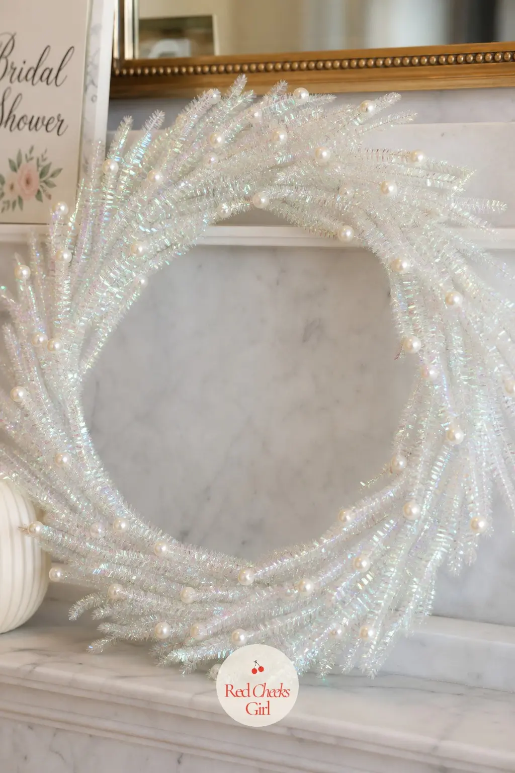 The Clear Iridescent and Pearl Bead Wreath for the Bridal Shower Mantel — Clear iridescent pipe cleaners form a base that reads as texture rather than color