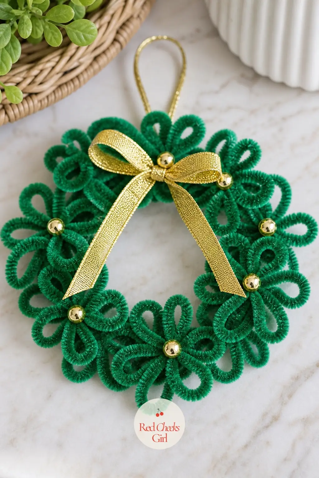 The Kelly Green and Gold Clover Wreath for the St Patrick's Brunch — A smaller frame, kelly green pipe cleaners and a scatter of gold bead accents make this