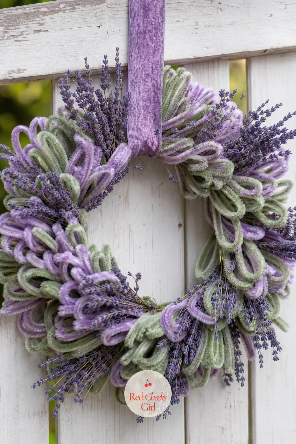 The Lavender and Sage Coil Door Wreath for the Garden Luncheon — Soft lavender and muted sage green pipe cleaners build a quieter, softer wreath than the