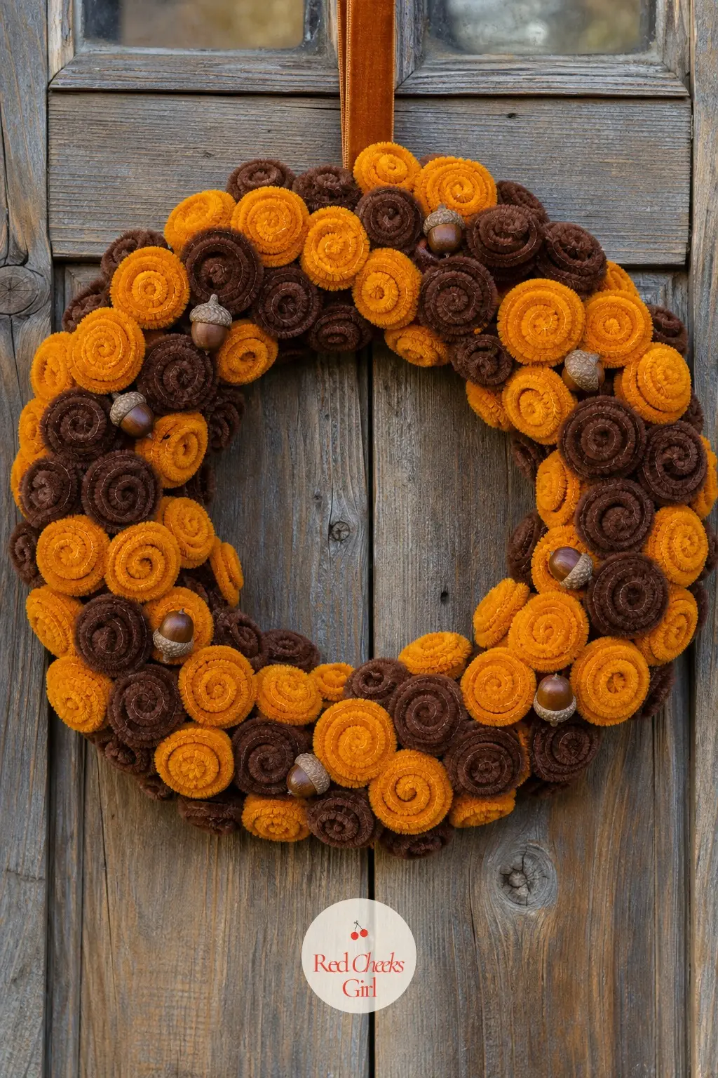 The Marigold and Chocolate Coil Door Wreath for the Harvest Party — Build this one on a round wire frame with marigold and chocolate brown pipe cleaners cut