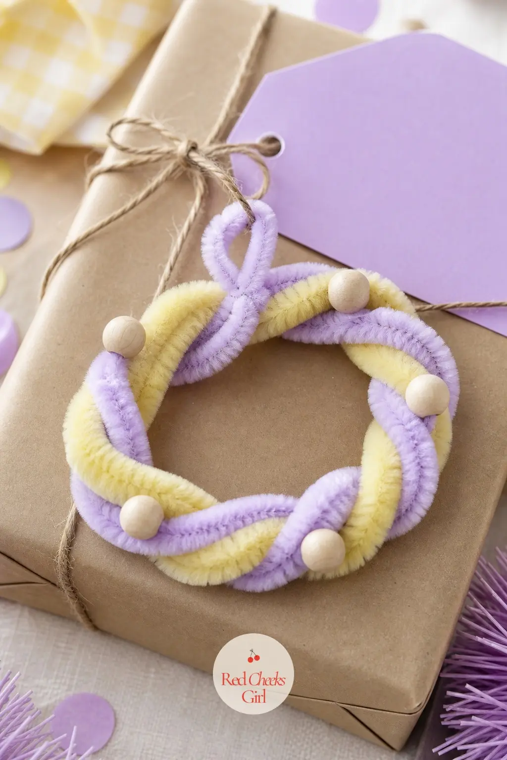 The Soft Yellow and Lilac Spring Coil Wreath for Gift Tags — Two soft yellow pipe cleaners twisted end to end and coiled around a pencil make the base, then a