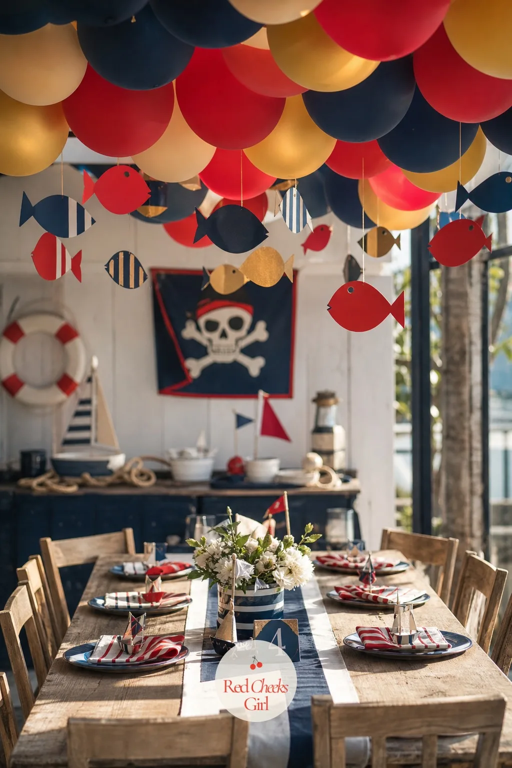 Balloon and Paper Fish Canopy Over the Party Table — Look up in most party rooms and there is nothing to see. Pirate birthday party