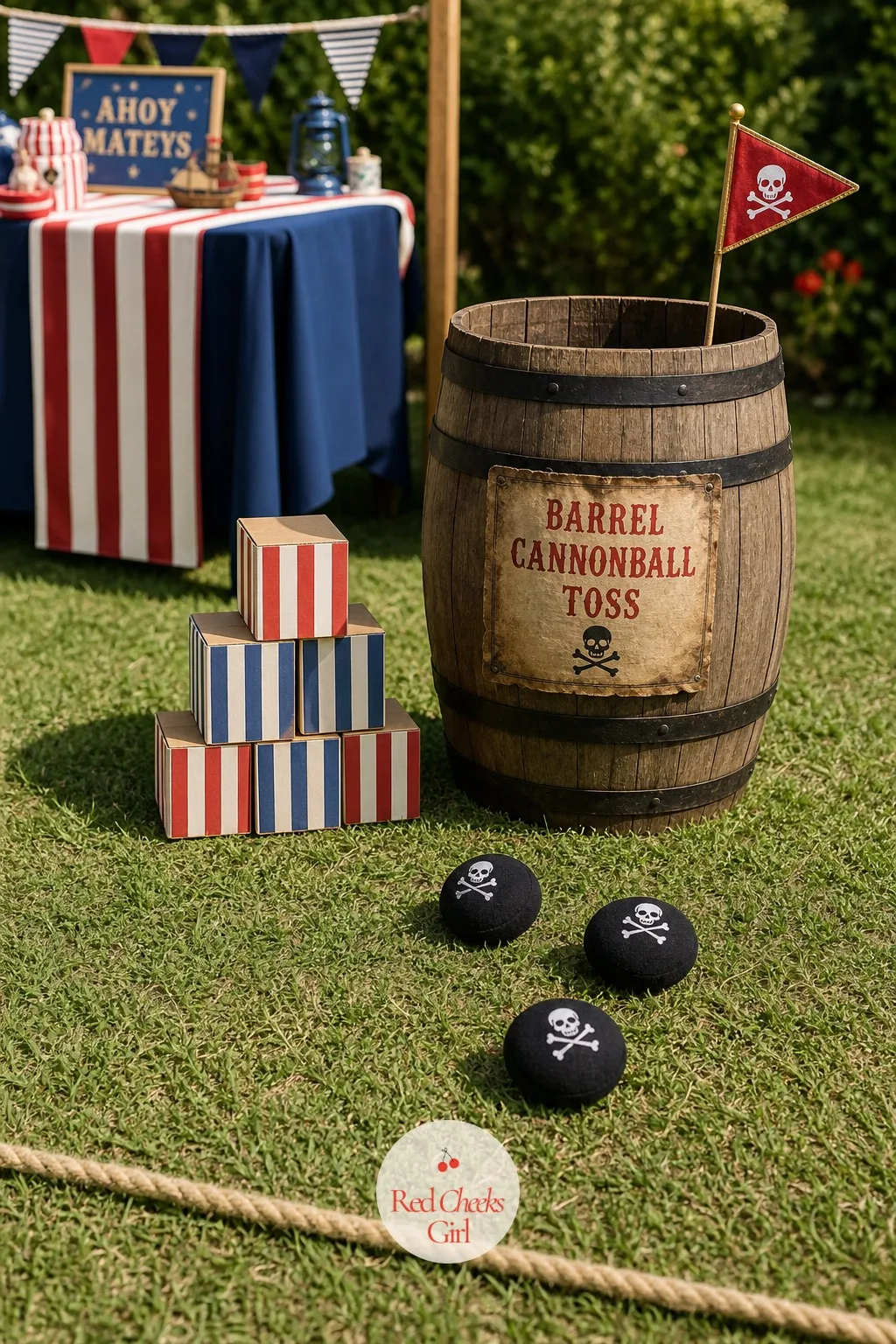 Barrel Cannonball Toss — Throwing things at a party usually ends with something broken. Pirate birthday party