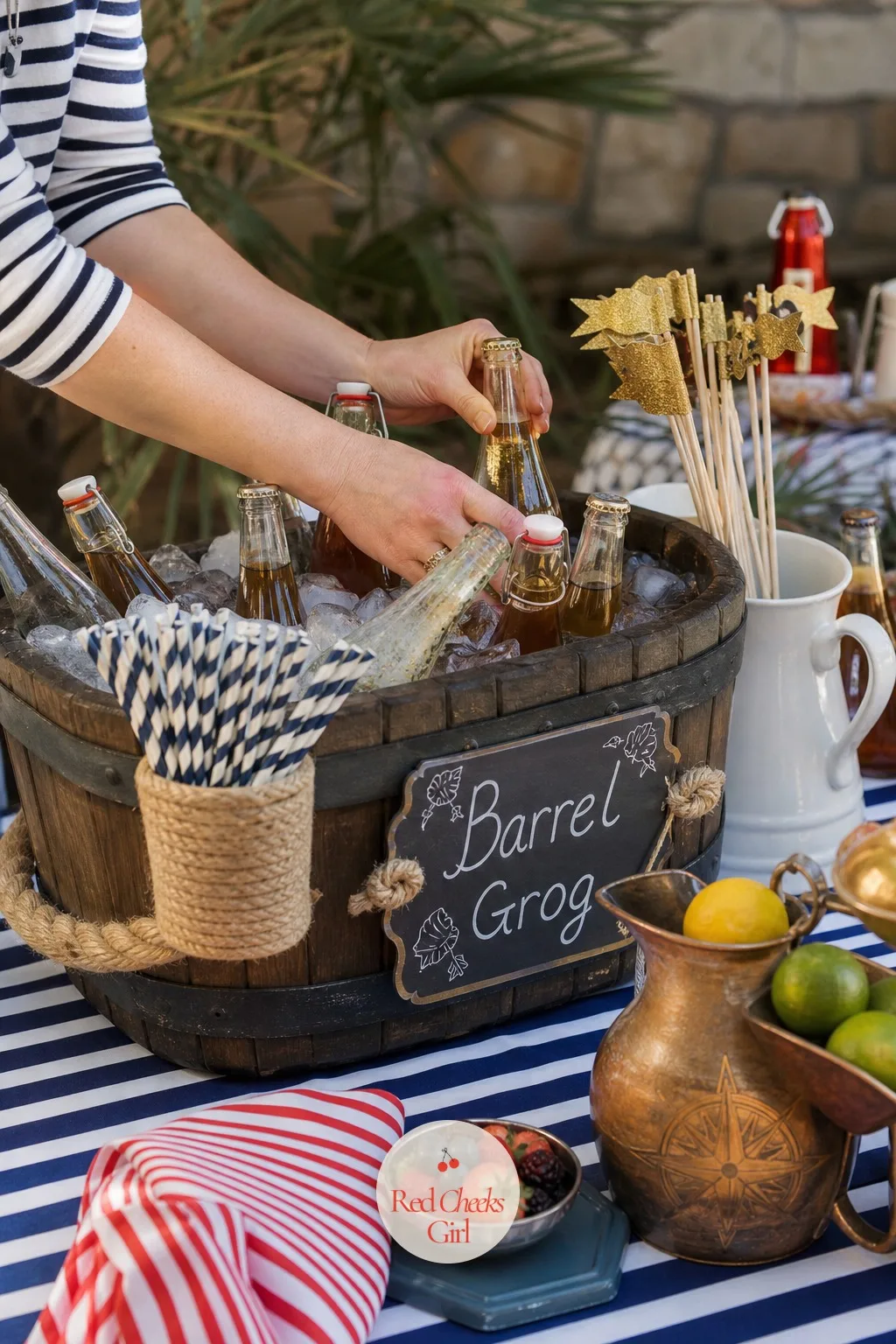 Barrel Grog Station — Fizzy drinks in their original bottles never look like they belong to anyone. Pirate birthday party