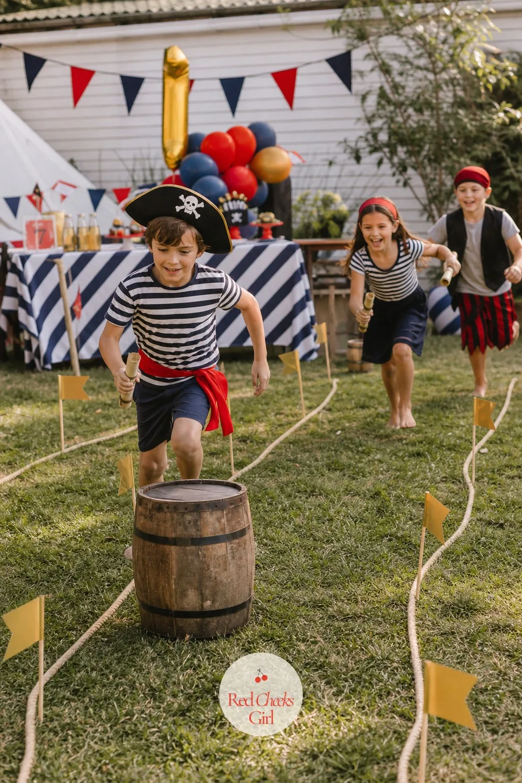 Captain's Relay Across the Lawn — A party full of small pirates has a lot of energy that needs somewhere to go before cake. Pirate birthday party