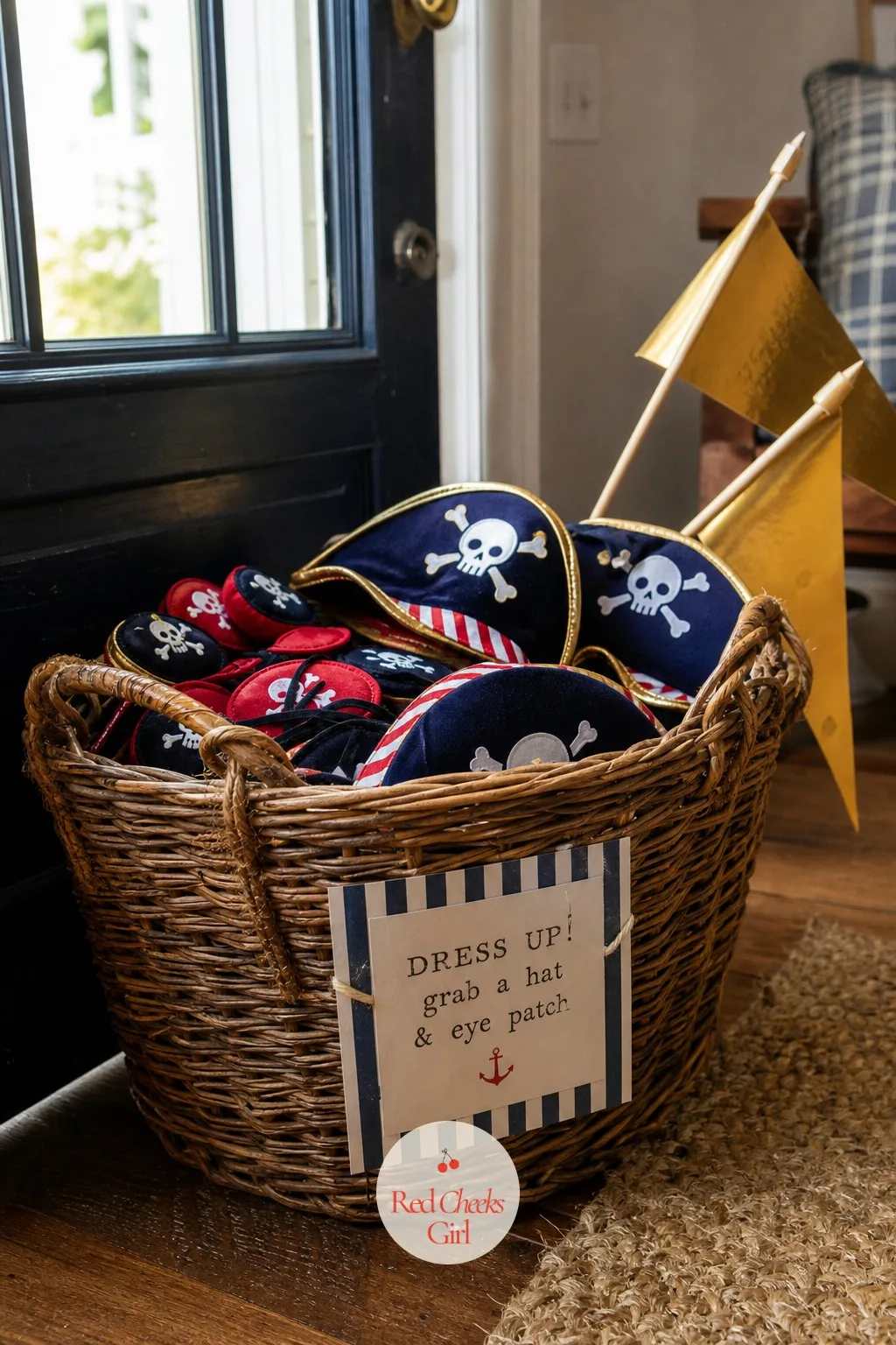 Dress-Up Basket by the Door — A hat and an eye patch handed over at the door do more for a shy guest than any speech about having fun will. Pirate birthday