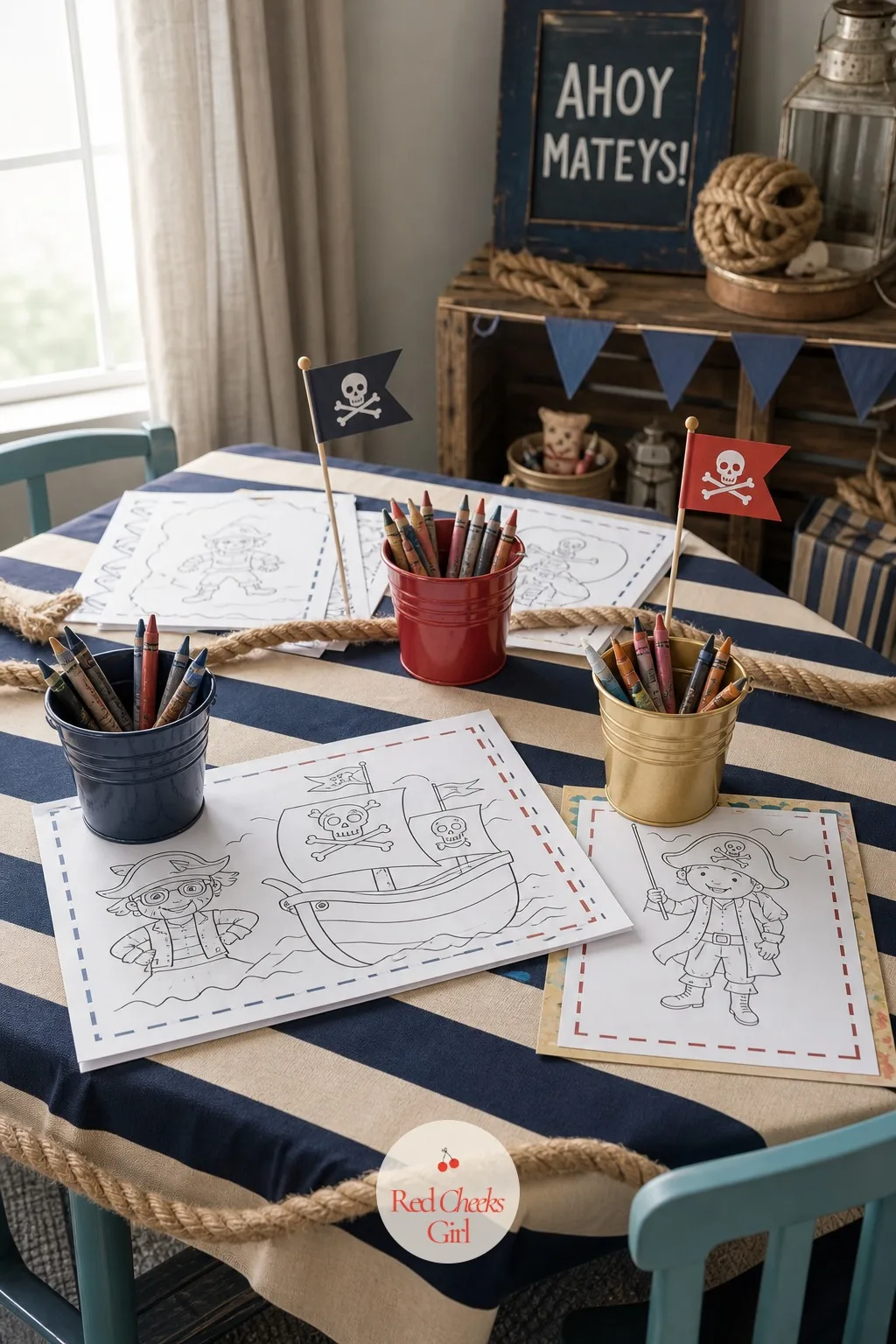 Pirate Coloring Table With Tin Cup Crayons — Somewhere in the middle of every party there is a lull, and a table set up before the first guest arrives catches