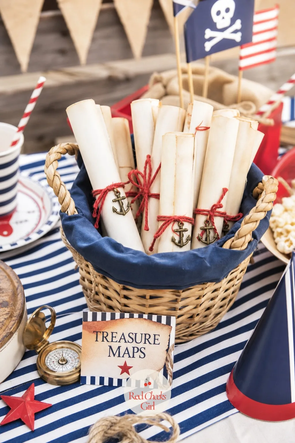 Rolled Treasure Map Scrolls Basket — A rolled scroll tied with string feels like something worth keeping, in a way a flat printed page never quite does. Pirate
