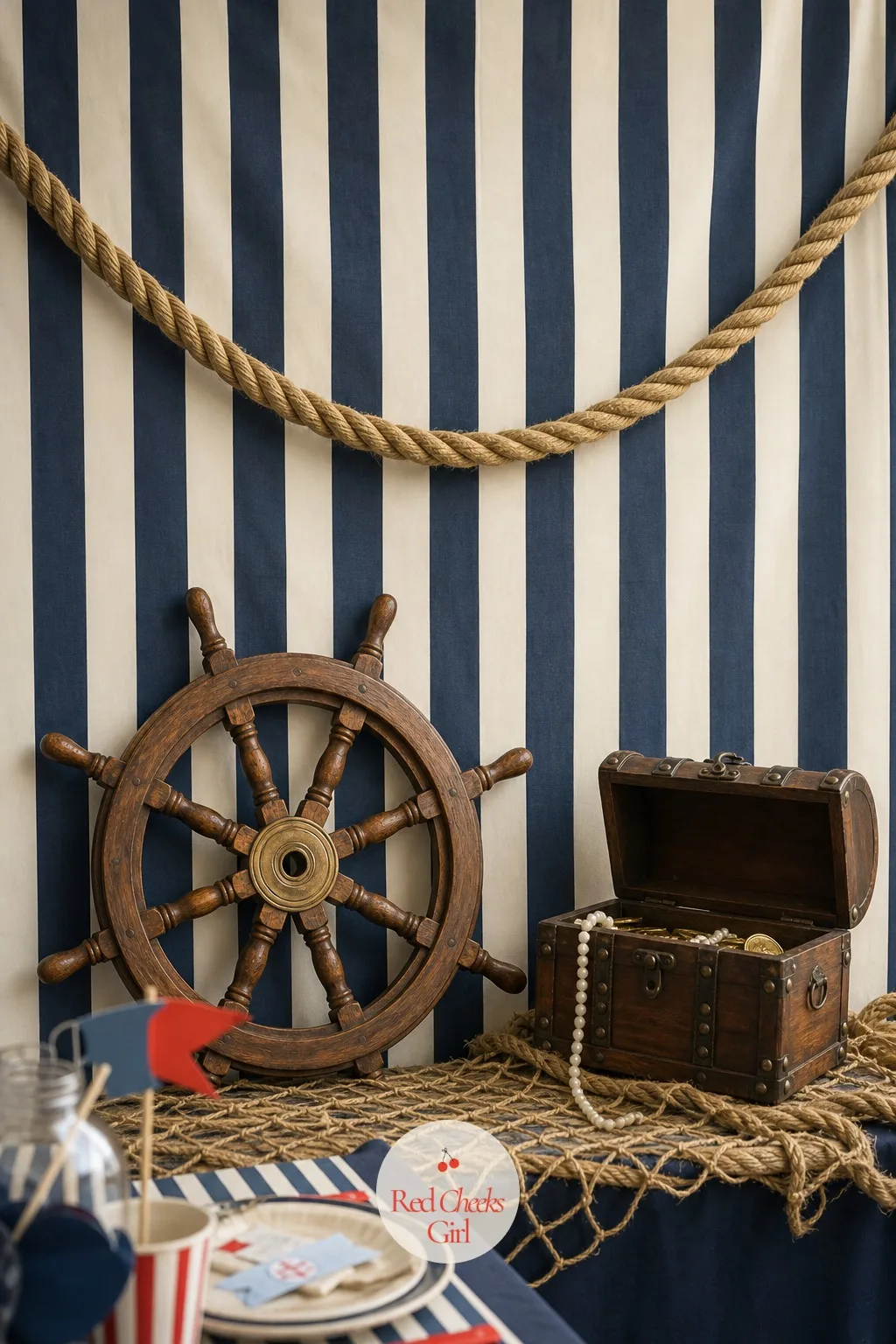Rope and Ship's Wheel Photo Backdrop — Somewhere in every party there needs to be one spot that photographs well without you standing over it with a phone.