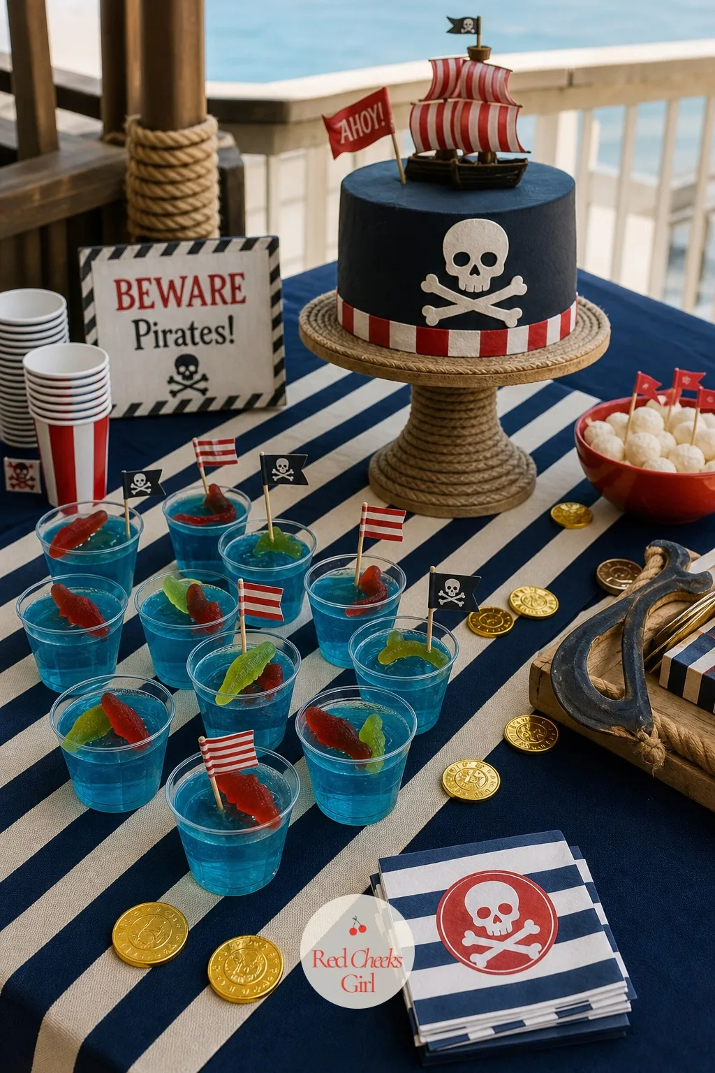 Ship's Deck Snack Table — A folding table under a plain cloth says nothing. Pirate birthday party