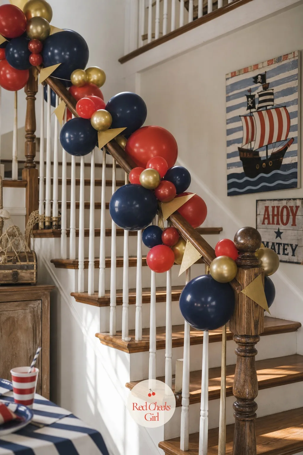 Striped Balloon Wave Along the Stair Rail — A bare staircase looks like it belongs to Tuesday, not a birthday. Pirate birthday party