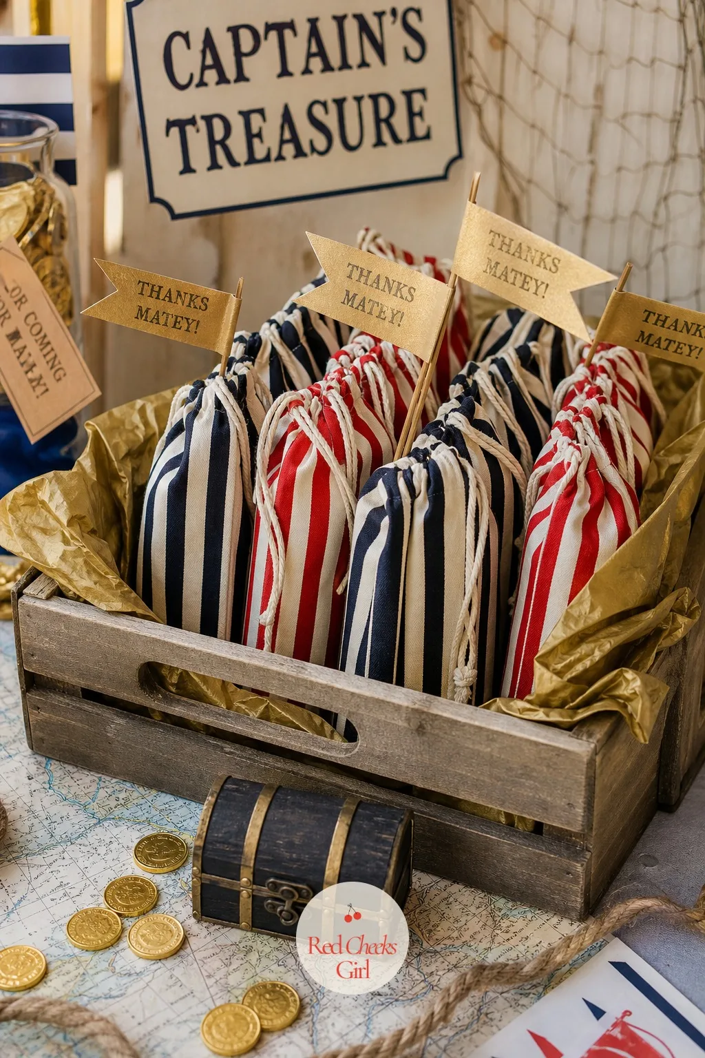 Striped Favor Bags in a Wooden Crate — A pile of loose party bags by the door looks like an afterthought, because it usually is one. Pirate birthday party