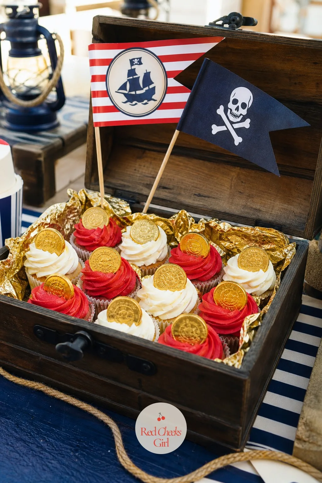 Treasure Chest Cupcake Display — A plain cupcake stand reads as a Tuesday bake sale. Pirate birthday party