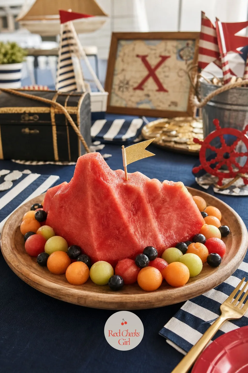 Watermelon Island Fruit Platter — Fruit platters at kids' parties usually vanish last and get eaten least. Pirate birthday party