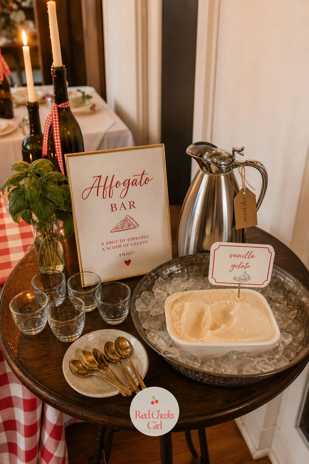 An Affogato Bar for After Dinner — After the tiramisu, one more small ritual keeps the night going: hot espresso poured over a scoop of vanilla gelato, right