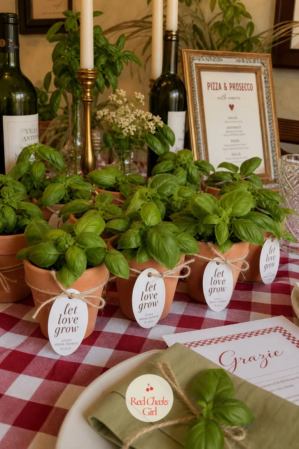Basil Plant Favors in Terracotta Pots — For the guest who would rather take home something alive than another cookie, a small basil plant in a terracotta pot