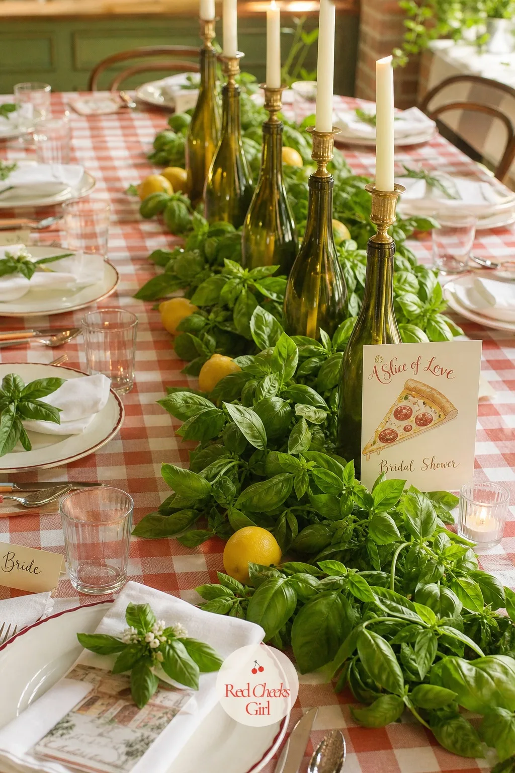 A Basil Sprig Table Runner Down the Center — Between the candles, the table needs something green and loose, not another formal arrangement. Pizza bridal