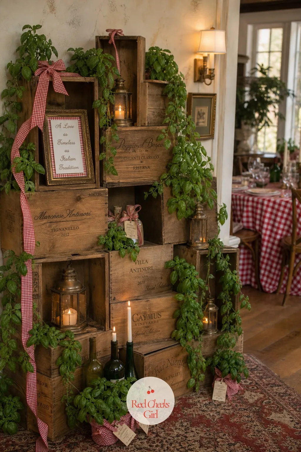 A Basil Vine and Wine Crate Photo Backdrop — Give the room one corner that photographs well without anyone having to arrange a thing. Pizza bridal shower theme