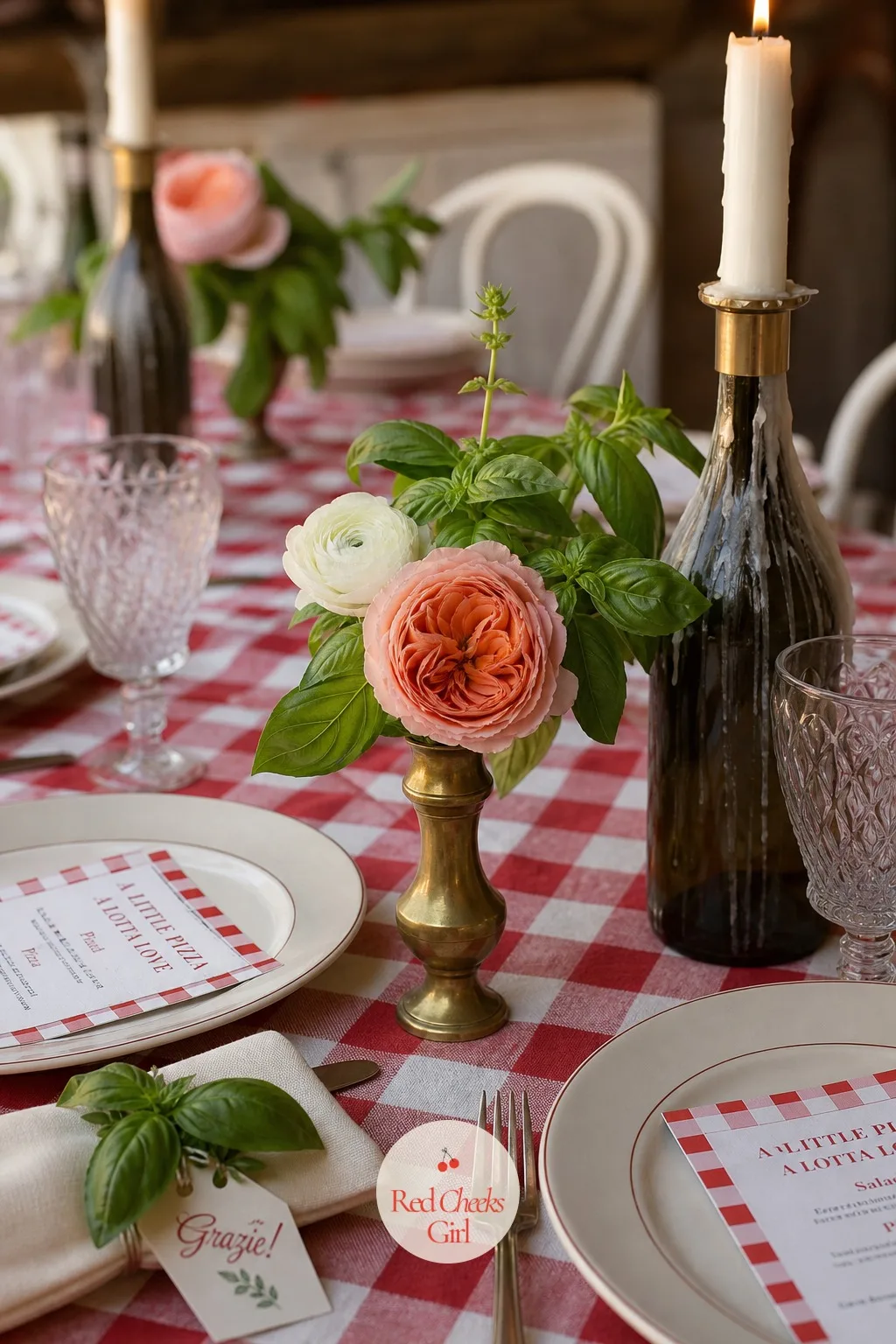 Brass Bud Vases of Basil and Garden Roses — Between the place settings, a small vase gives each pair of guests something to look at without blocking the view
