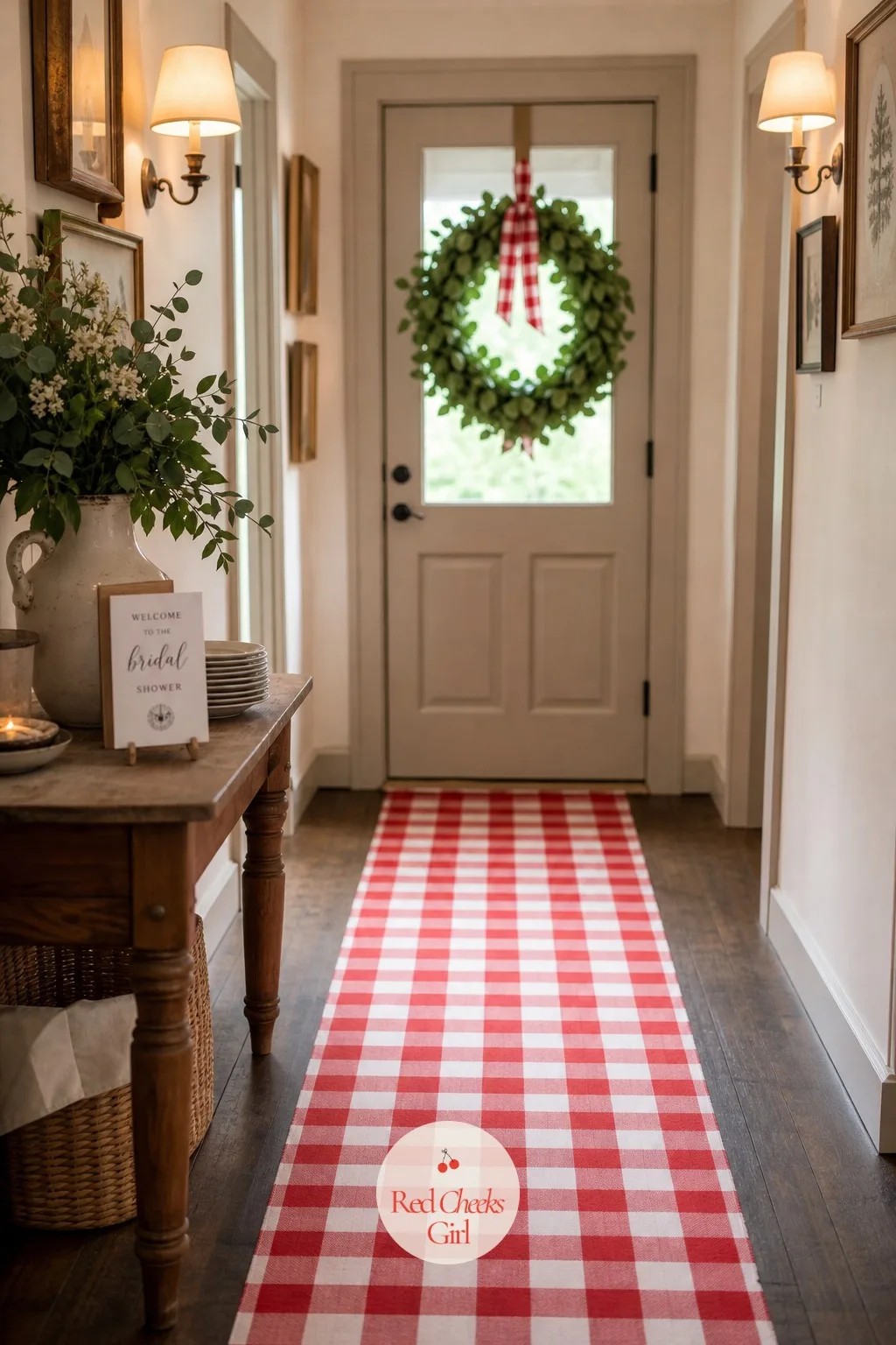 The Checkered Entrance Runner and Basil Wreath — Walking the entry path should already feel like stepping into the party, not just toward it. Pizza bridal