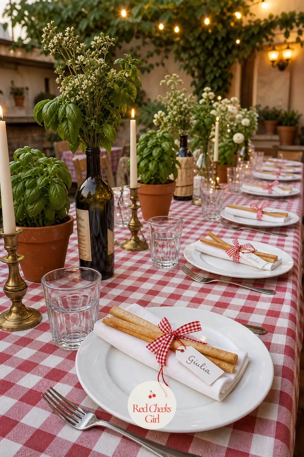 Checkered Napkin Rings Holding Breadstick Place Cards — The smallest detail on the table is also the cheapest: a ring of checkered ribbon wrapped around the