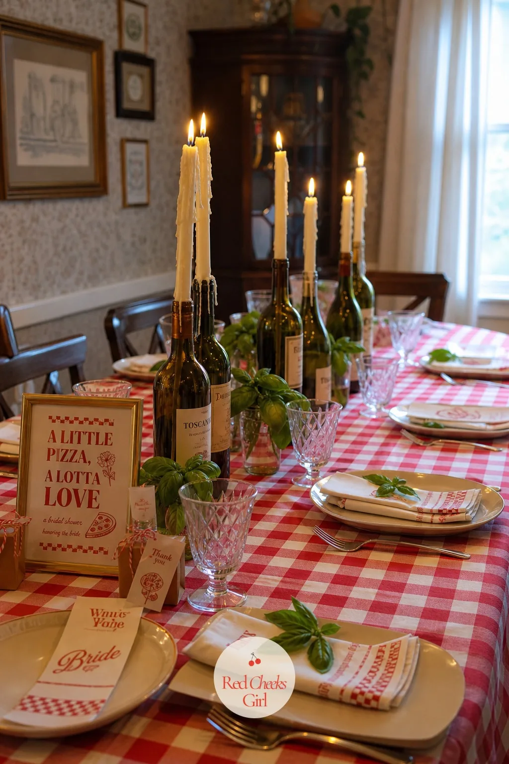 Checkered Tablecloths With Candles in Wine Bottles — Every table in the room wears the same red and white gingham, ironed smooth rather than left with a single