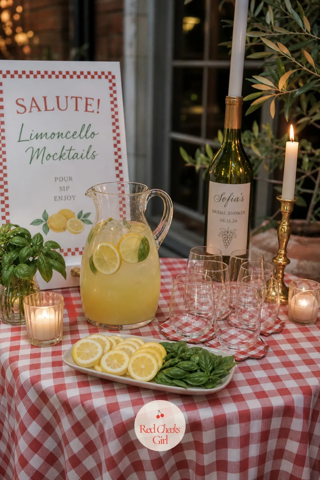 Limoncello Mocktails — This is the drink that greets everyone at the door, pale yellow-green in the glass, a basil leaf floating on top instead of the usual