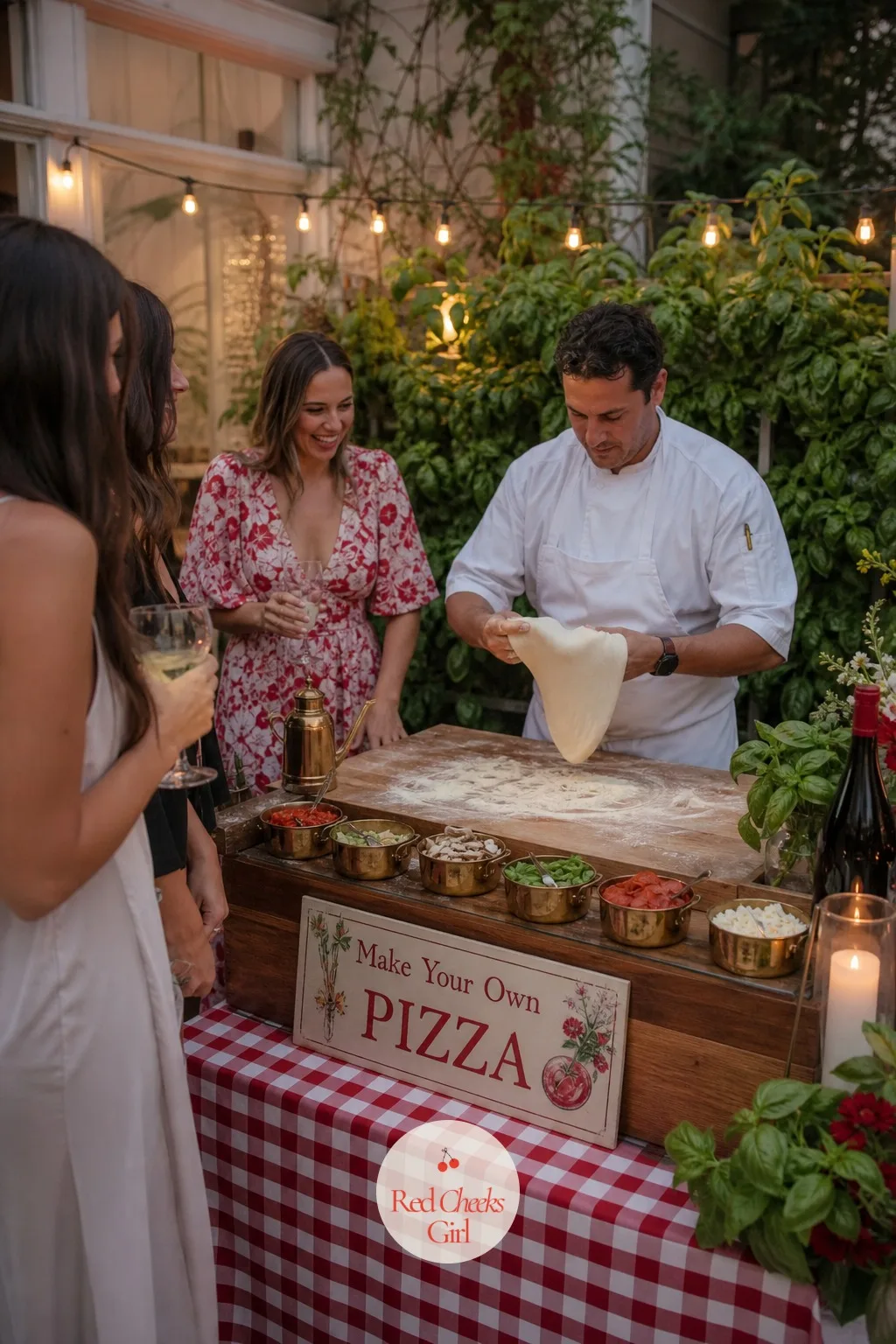 Make-Your-Own Pizza Station With a Chef — This is the biggest moment of the night, so it earns the biggest footprint: a long counter where a chef stretches