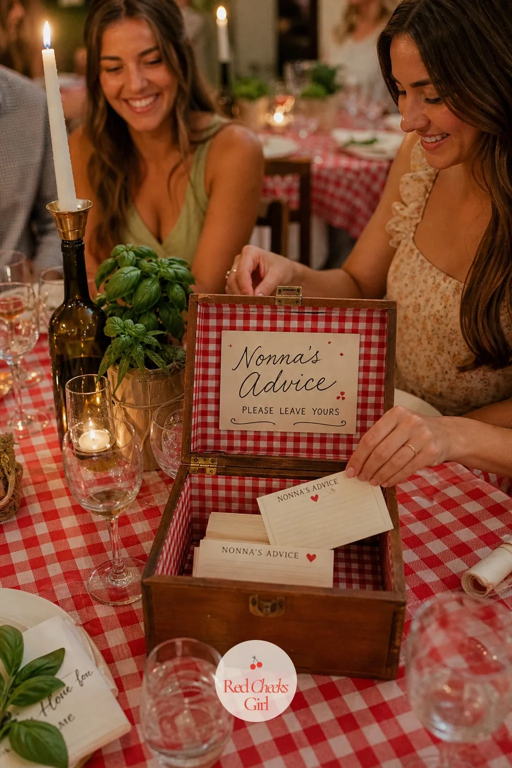 Nonna's Advice Cards in a Recipe Box — While the pizza bakes, guests have somewhere to put a piece of their own advice: a small recipe card dropped into a box