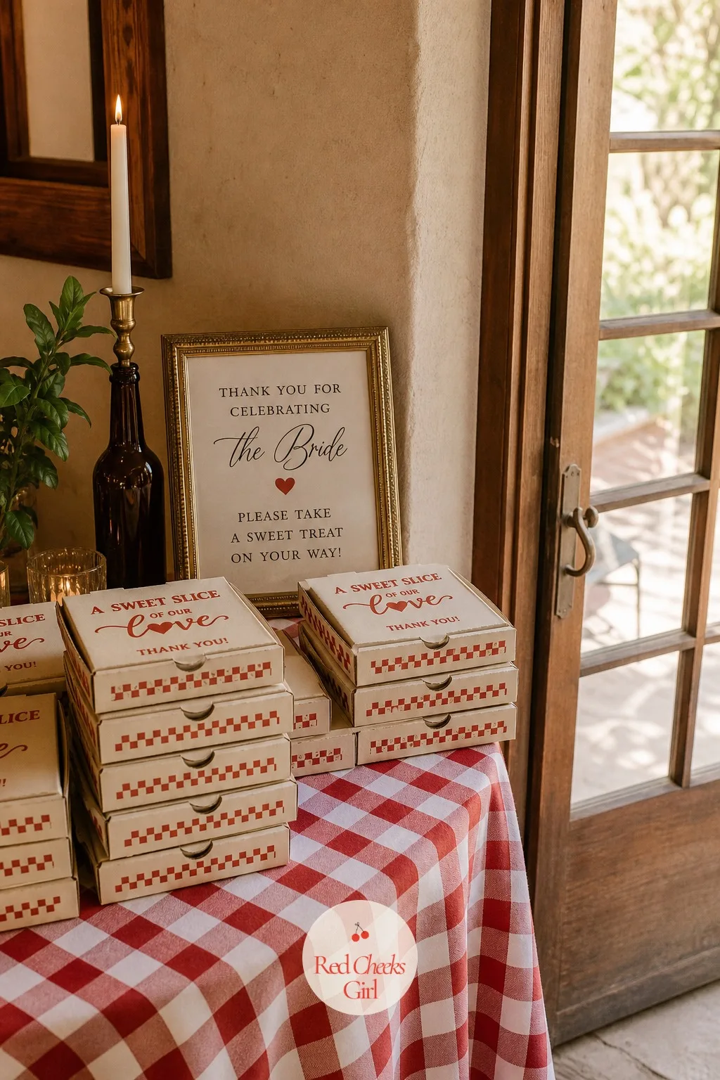 Pizza-Box Favors — Near the door, a stack of miniature pizza boxes waits for guests on their way out, each one holding a single sweet instead of a slice. Pizza