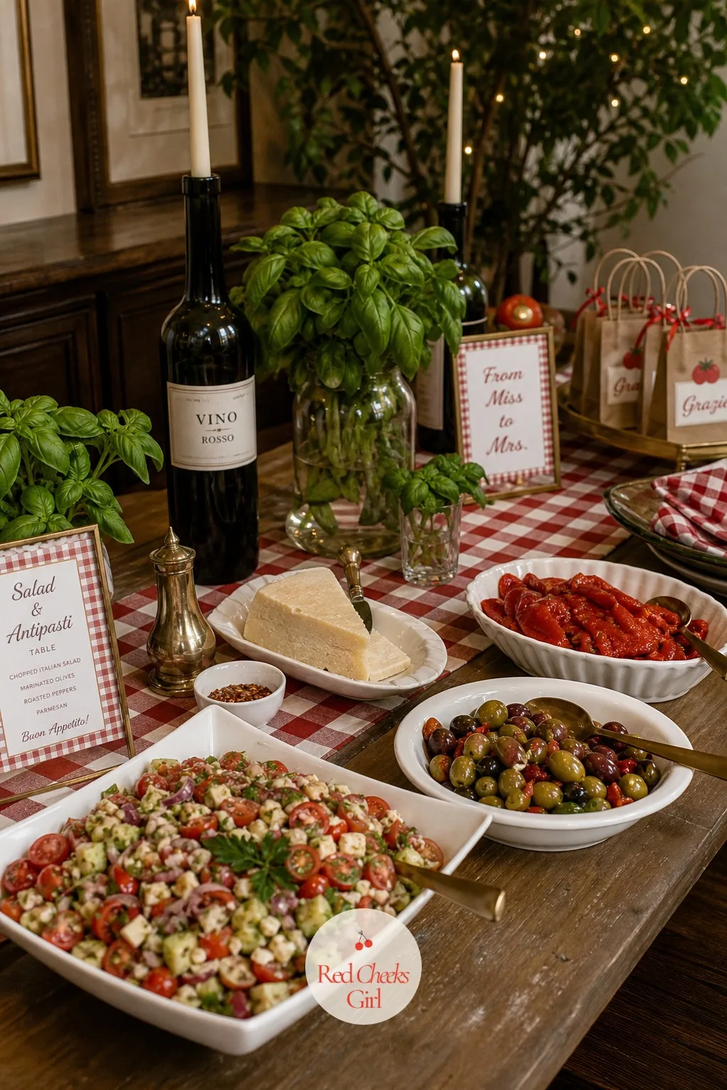 Salad and Antipasti Table — This is the table guests hit first, before the pizza even comes out of the oven, so it carries the biggest spread of color in the