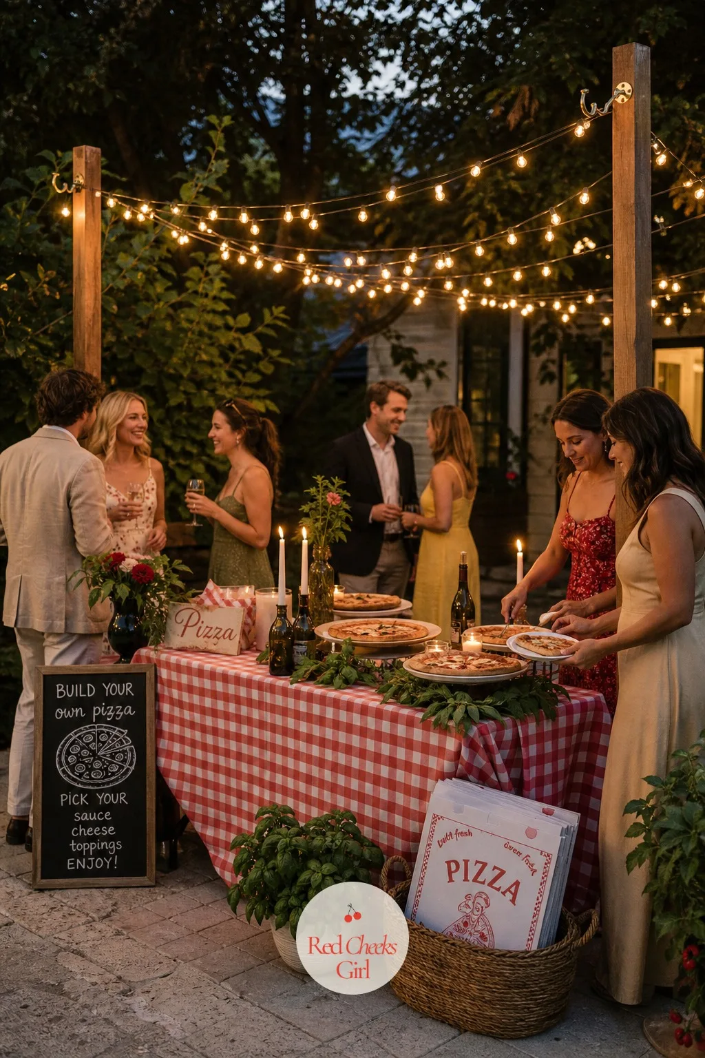 A String-Light Canopy Over the Pizza Station — Overhead light changes how the whole station feels once the sun goes down, turning a kitchen counter into