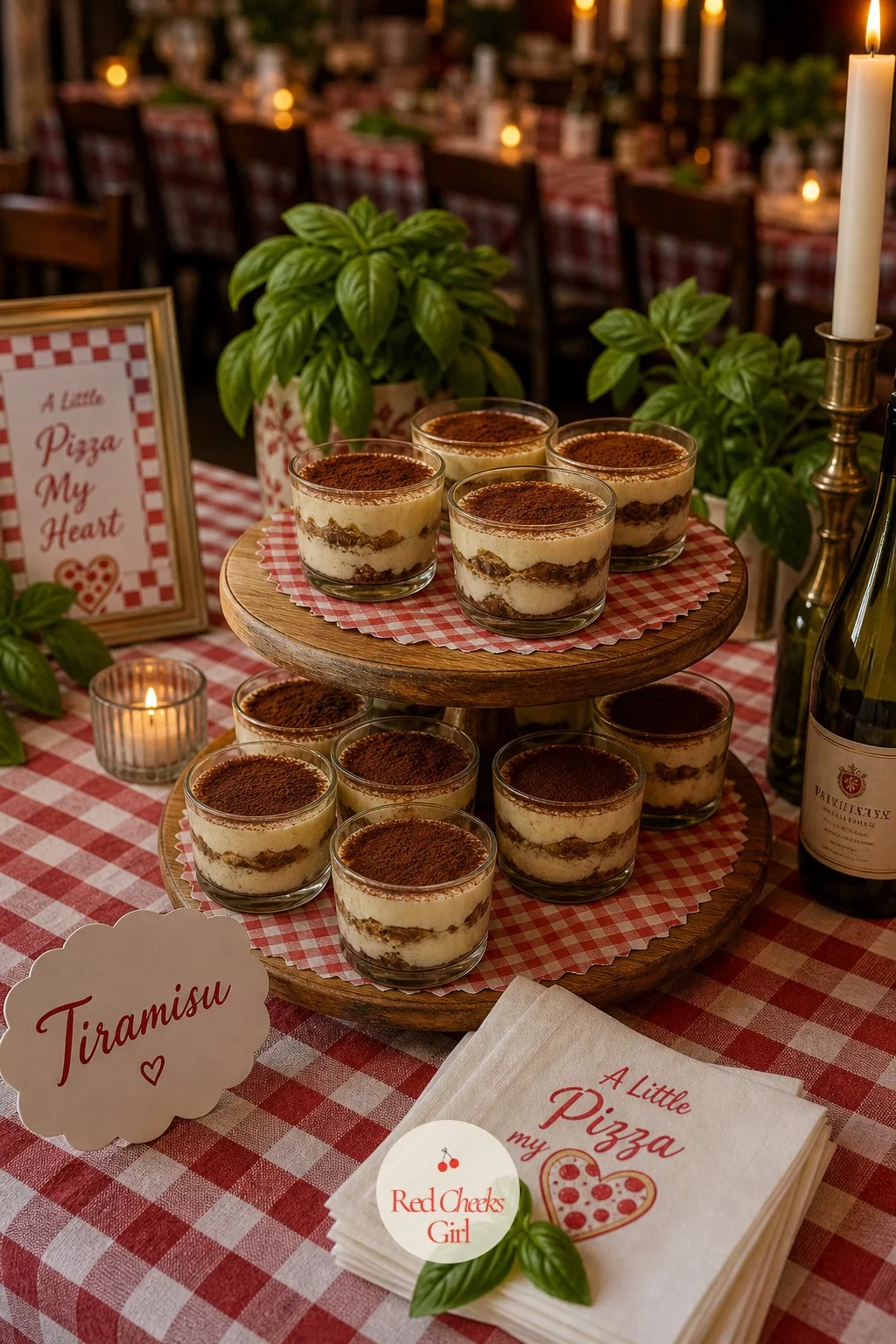 Tiramisu Cups — Dessert arrives in individual cups rather than one cake to slice, which means no one is waiting around for a server to work the room. Pizza