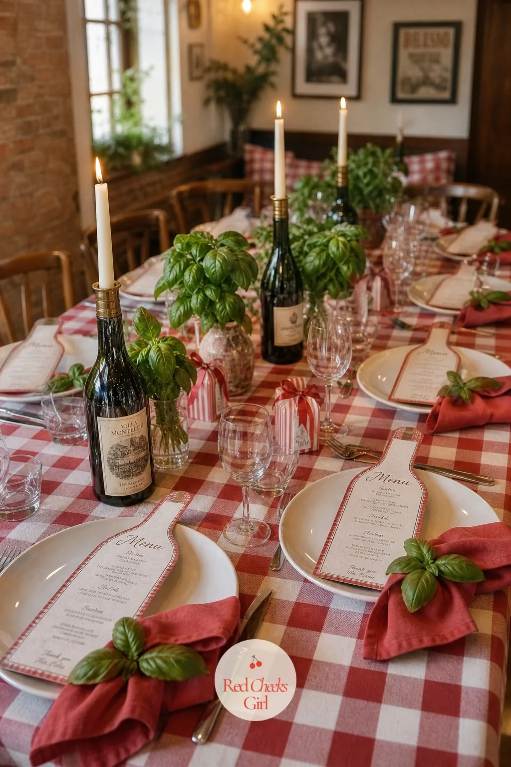 Vase-Shaped Menus at Each Place Setting — Instead of a plain rectangle propped at each seat, the menu takes the shape of a wine bottle, which turns a practical