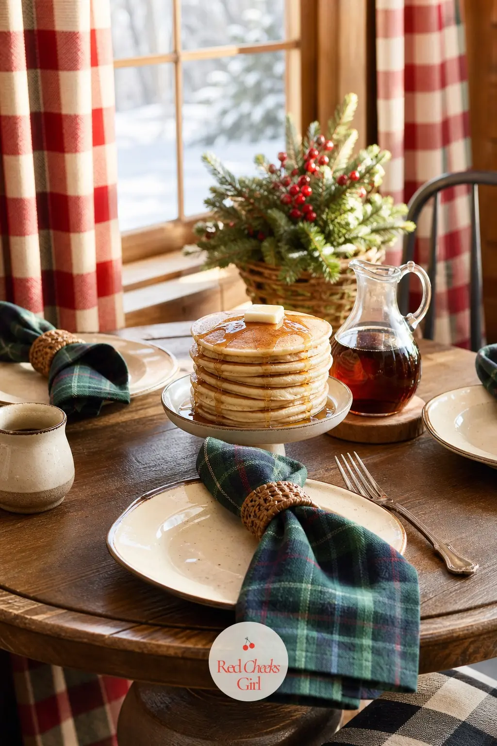 The Breakfast Nook for Pancakes After the Slopes — A small table by the kitchen window, set for the morning rush before everyone heads out to ski: tartan