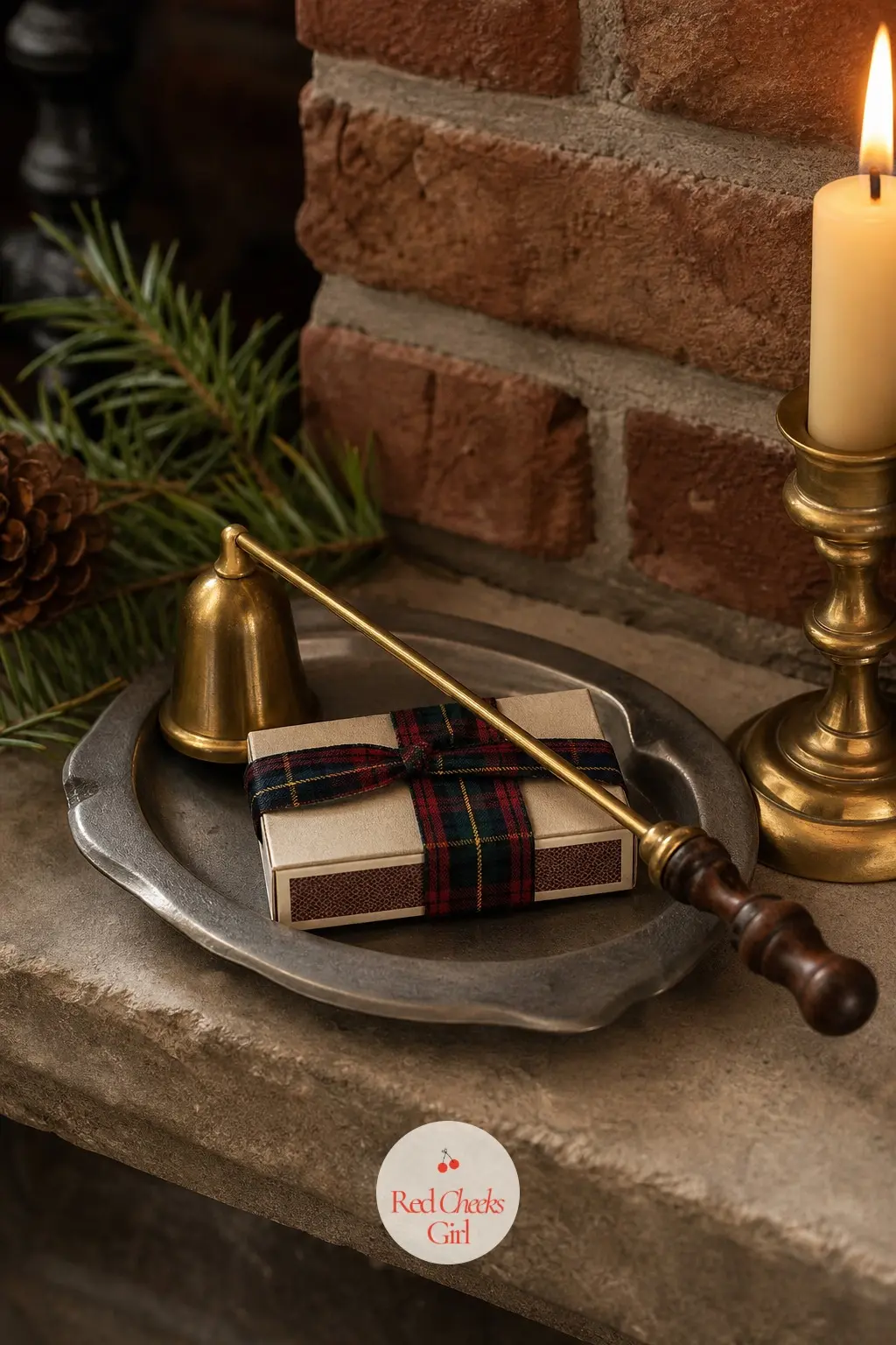 The Candle Snuffer and Matchbox Tray by the Hearth — A small pewter tray beside the hearth candles, holding a brass candle snuffer and a box of matches wrapped