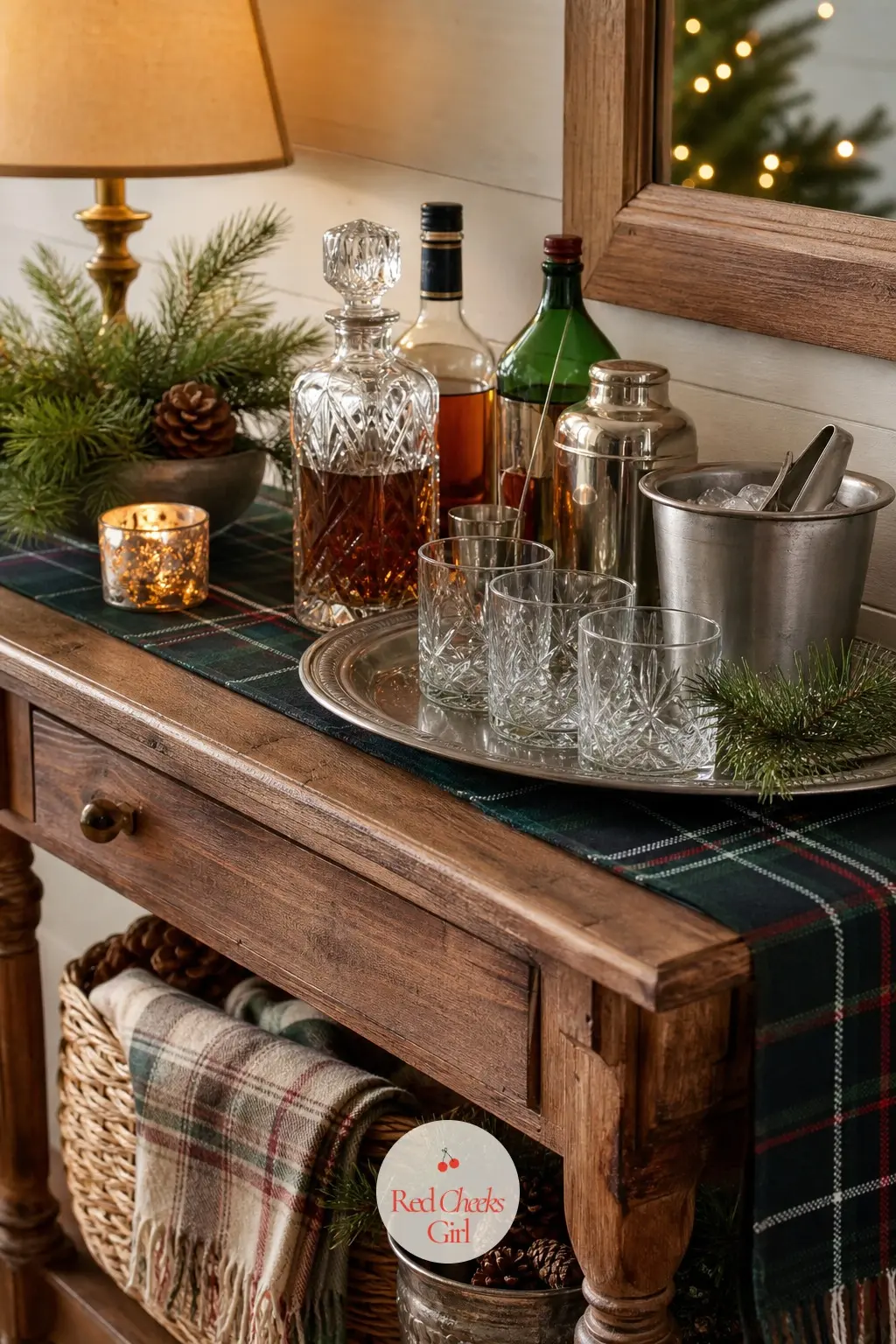 The Console Table, Turned Aprés-Ski Bar — A console or sideboard set up as the serious bar for the night: bottles grouped by colour, a tartan runner underneath