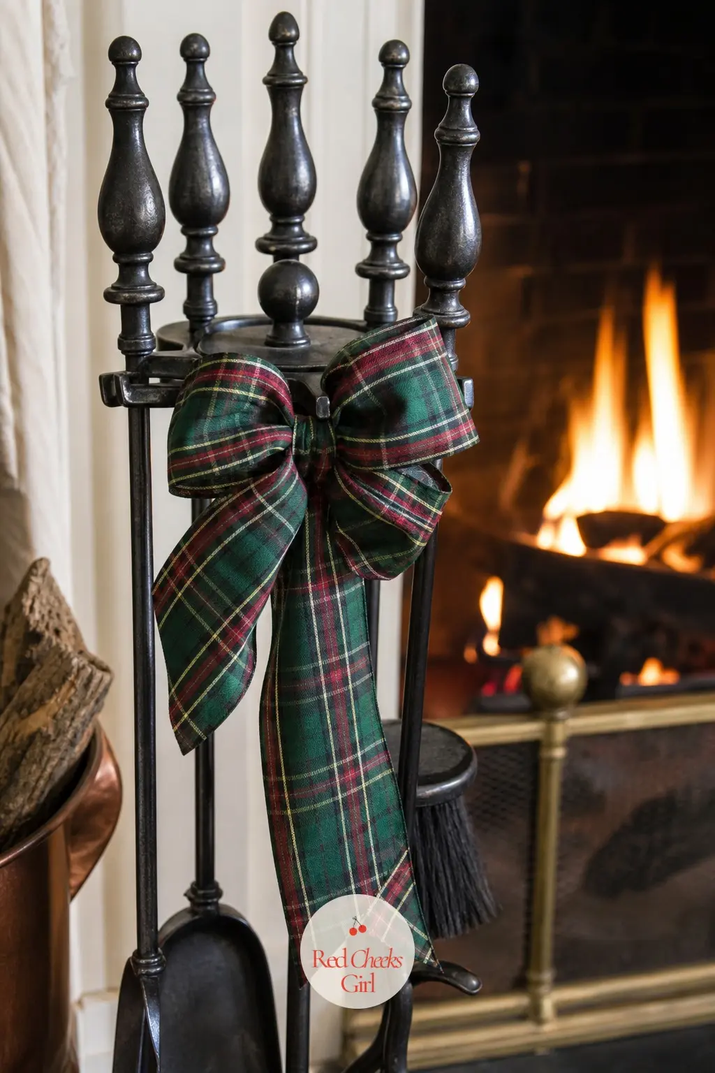 The Fireplace Tool Stand, Tied in Tartan Ribbon — The poker, brush and shovel that live beside every working fireplace get a small upgrade: a length of tartan