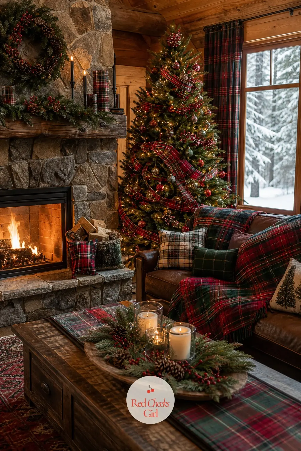 The Great Room, Head to Toe in Tartan — Stand at the doorway and take in the whole room: the tree in the corner strung with tartan ribbon instead of a topper