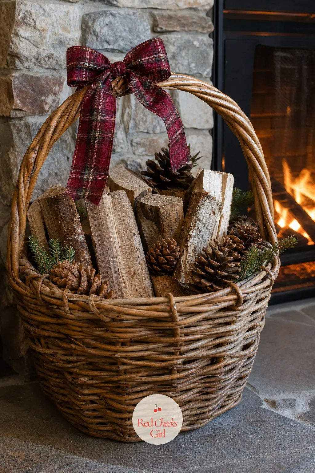 The Hearth Basket of Logs and Pinecones — A woven basket beside the hearth, stacked with firewood and a handful of pinecones tucked in among the logs. Plaid
