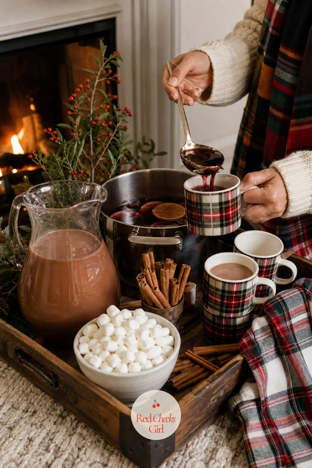 The Hot Cocoa and Mulled Wine Station — A tray set on the kitchen island or a low table near the fire, carrying a pot of mulled wine, a jug of cocoa, and mugs