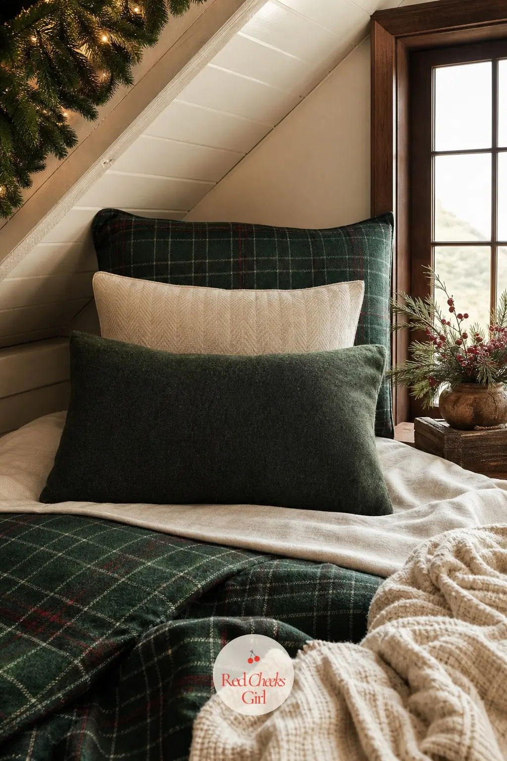 The Loft Daybed, Stacked in Wool and Flannel — A daybed tucked under the eaves of a loft, dressed in flannel sheets and a tartan coverlet, with three pillows