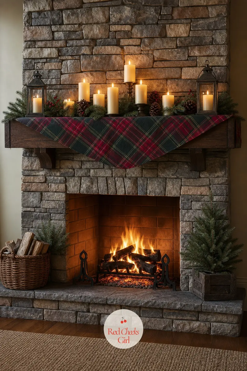 The Mantel, Strung with Tartan and Candlelight — A tartan runner laid along the mantel shelf, pine clippings tucked under it, and a row of pillar candles in