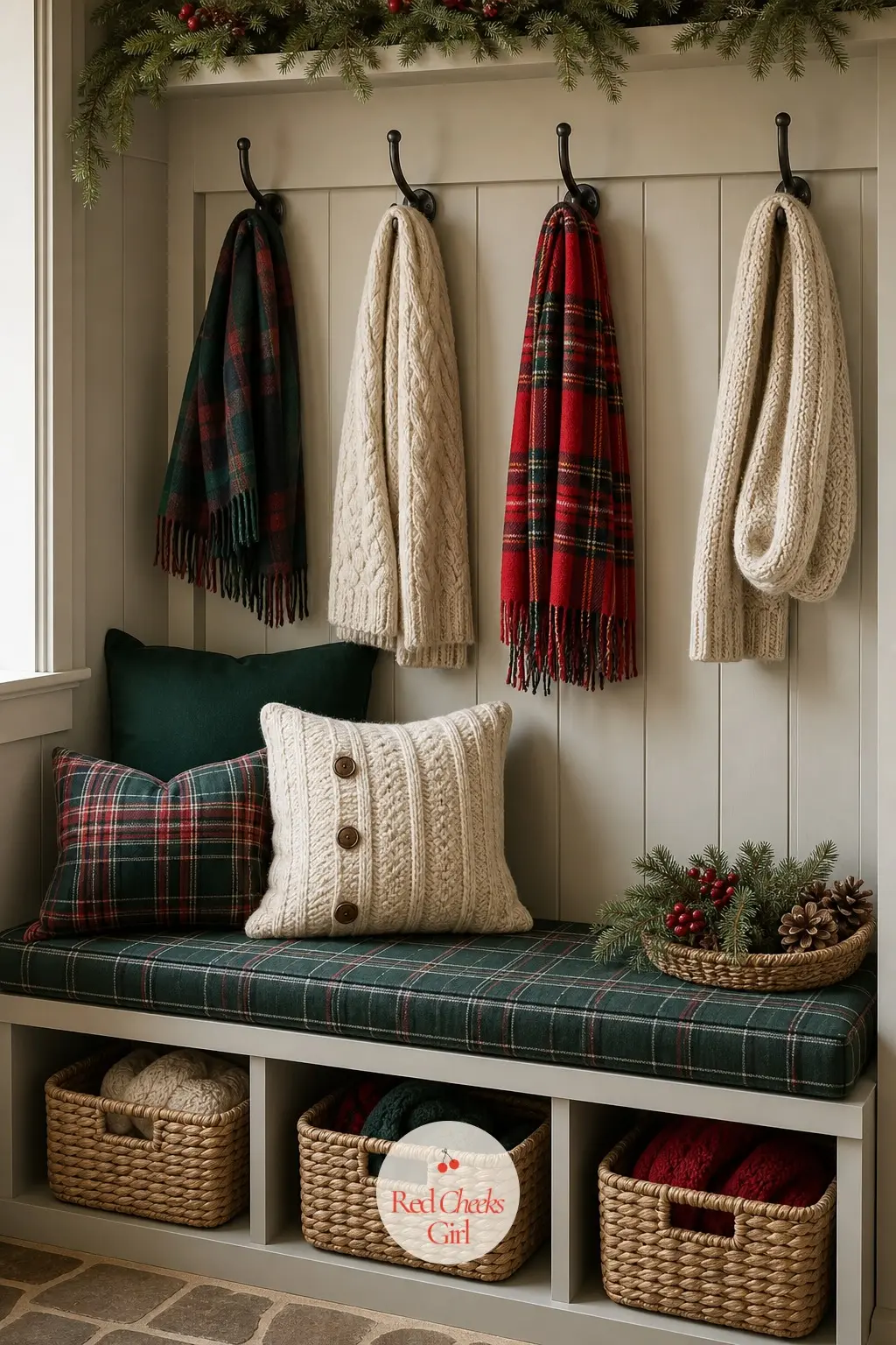 The Mudroom Bench for Boots and Mittens — A bench with a tartan seat cushion and a basket underneath for mittens does the actual job of a mudroom, which is to